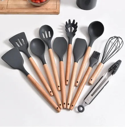 Silicone Spoon Kit for Kitchen, BPA Antirust, Wood Set Kitchen Utensils Set, 12 Pieces